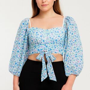Japna floral coquette long sleeve tie back cropped blouse